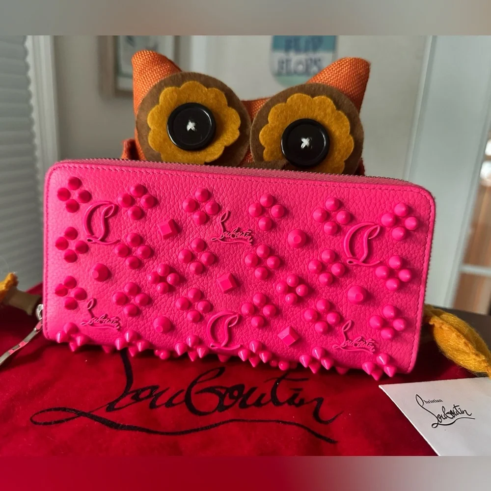 Christian Louboutin RARE COLOR Neon Pink Studded Wallet zip Card Holder - Picture 1 of 13